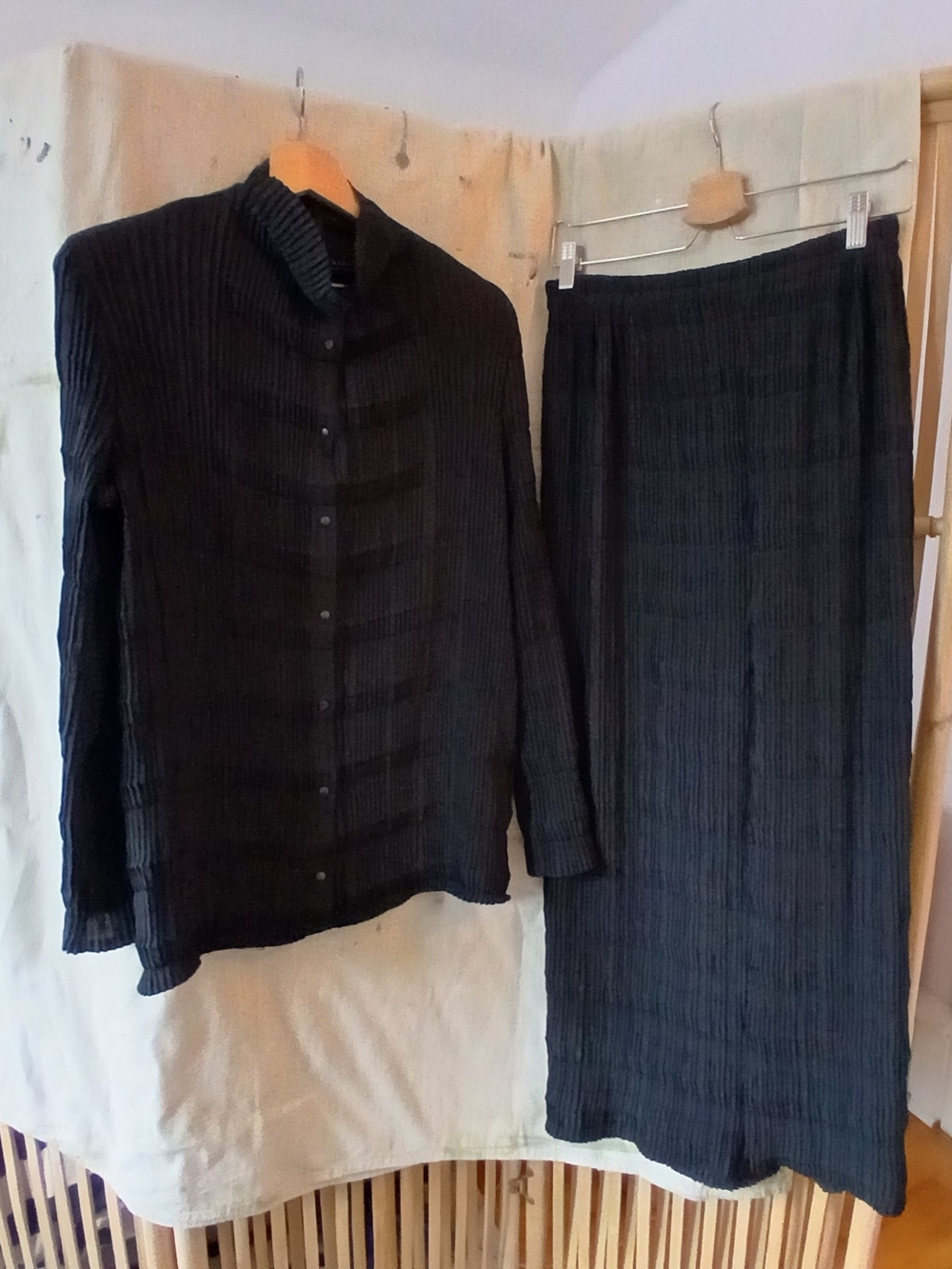Women's Black Pleated Long Skirt & Button-Front Top Set